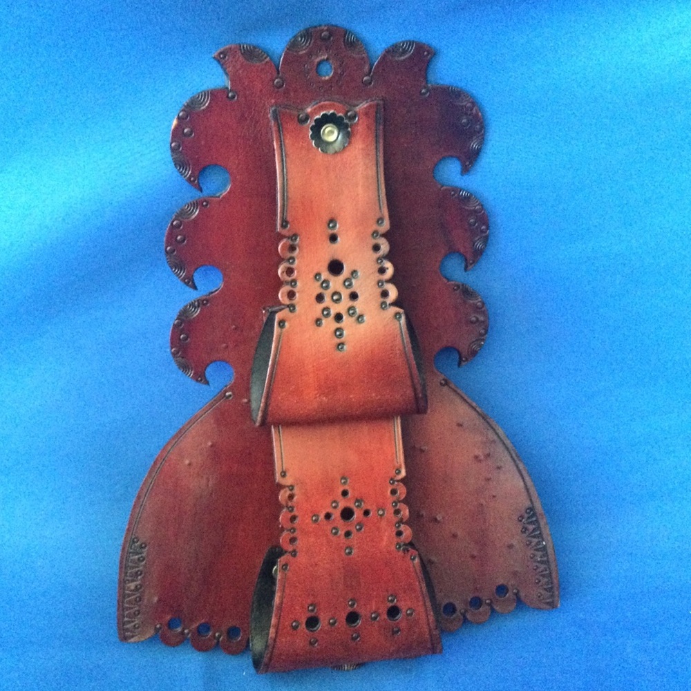 Tooled leather wall hanging Newspaper Holder Vintage